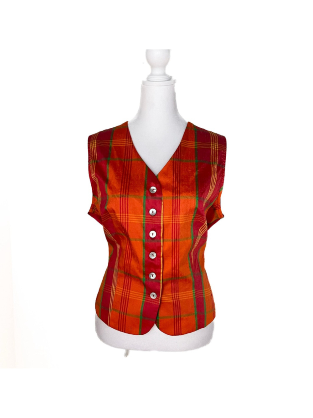 Vintage 100% Silk Plaid Vest Orange Red Fall Halloween Large USA Made Academia L